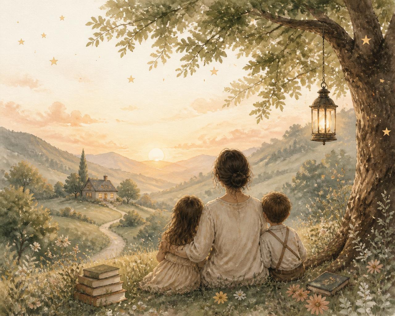 A parent and two children sitting on a hillside at sunrise, looking out over a winding path toward a cottage, with a glowing lantern hanging from a tree
